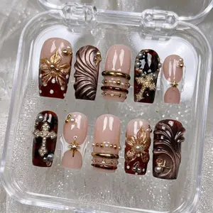 roberthub.nail Bronze Cross Pearl Press-On Nails, Glossy Nude Tortoise Shell Design, Gold Metallic Floral Detail, Handmade Luxury Vintage Square Statement Nail Set