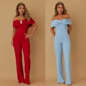 DRESSY OFF SHOULDER JEWEL STONE JUMPSUIT - OVAL DIMAOND GLITTER STONE - OFF SHOULDER - ZIPPER ON THE BACK