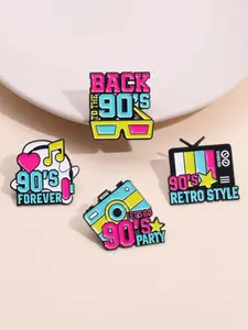 4Pcs Vintage 90s Style Brooches Set, Zinc Alloy Enamel Material, Colorful Neon TV Camera Design, Unisex Daily Accessory Gift