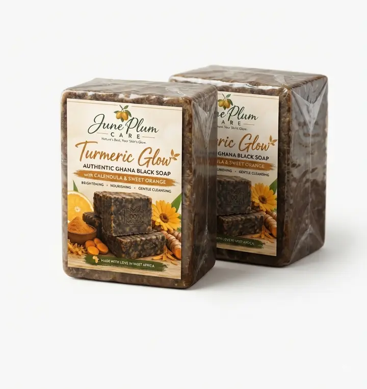 Authentic Ghana Black Soap with Turmeric, Calendula & Sweet Orange - Juneplum Care Natural Bath Soap for Skin Cleansing & Glow Enhancement