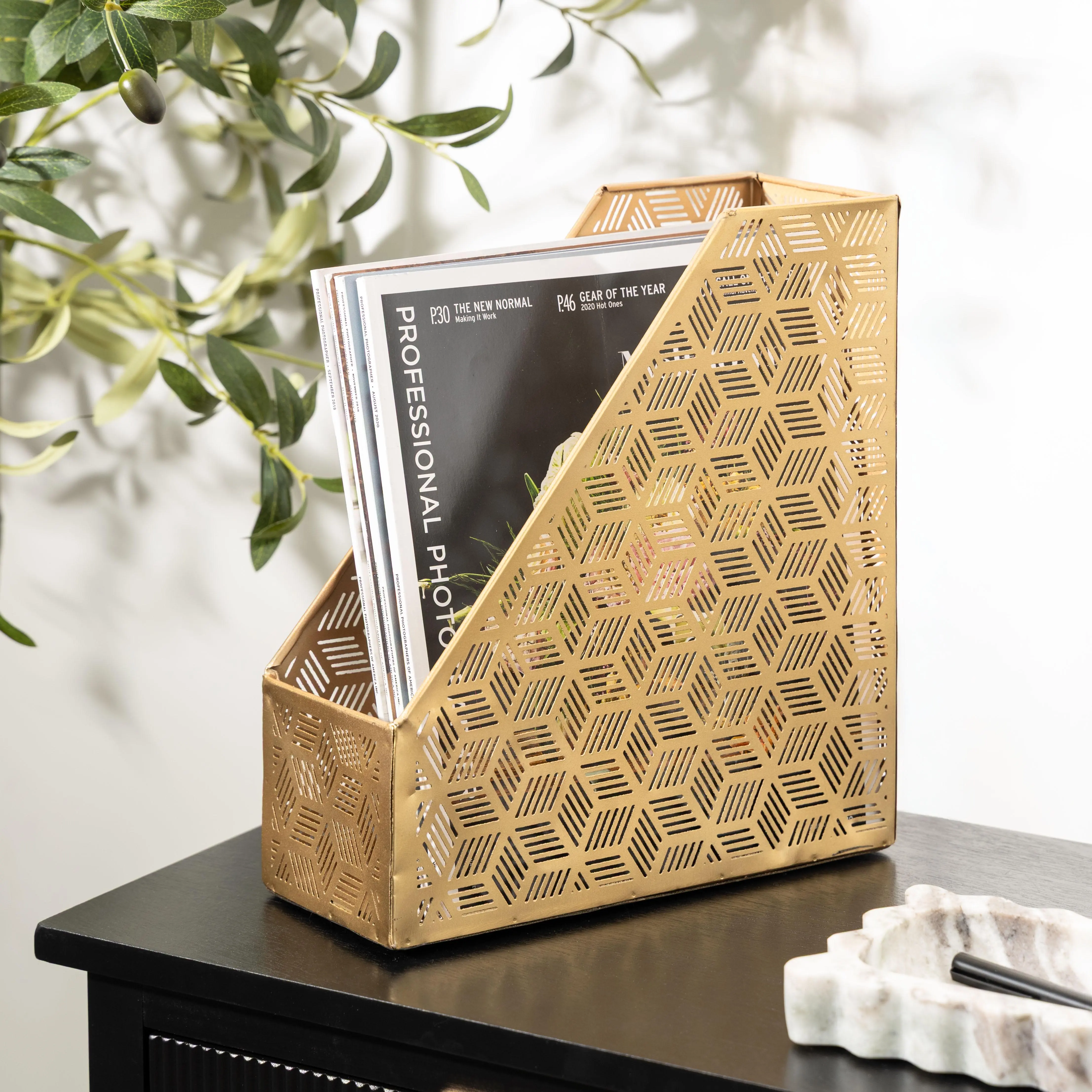 Gold Metal Geometric Single Slot Decorative Magazine Holder with Laser Carved Design, 5" x 10" x 12"