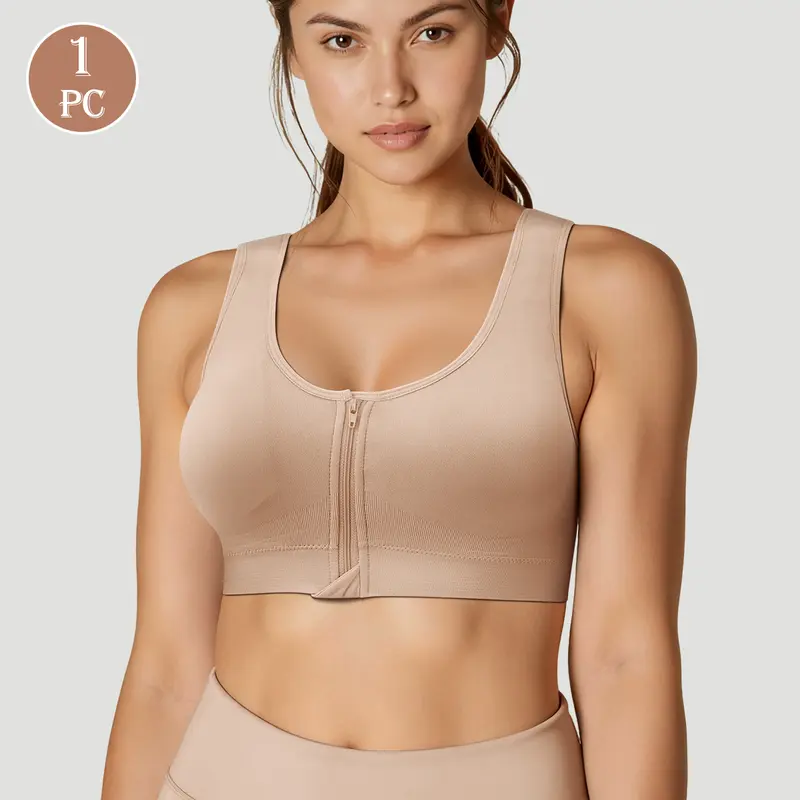 QUASTI 1PCS Women's Wireless Front Zipper Sports Bra, Seamless Breathable Push Up Bralette, Soft Stretch Cup Lifting Comfortable Underwear, Solid Color Lightweight Everyday Lingerie, M XXL