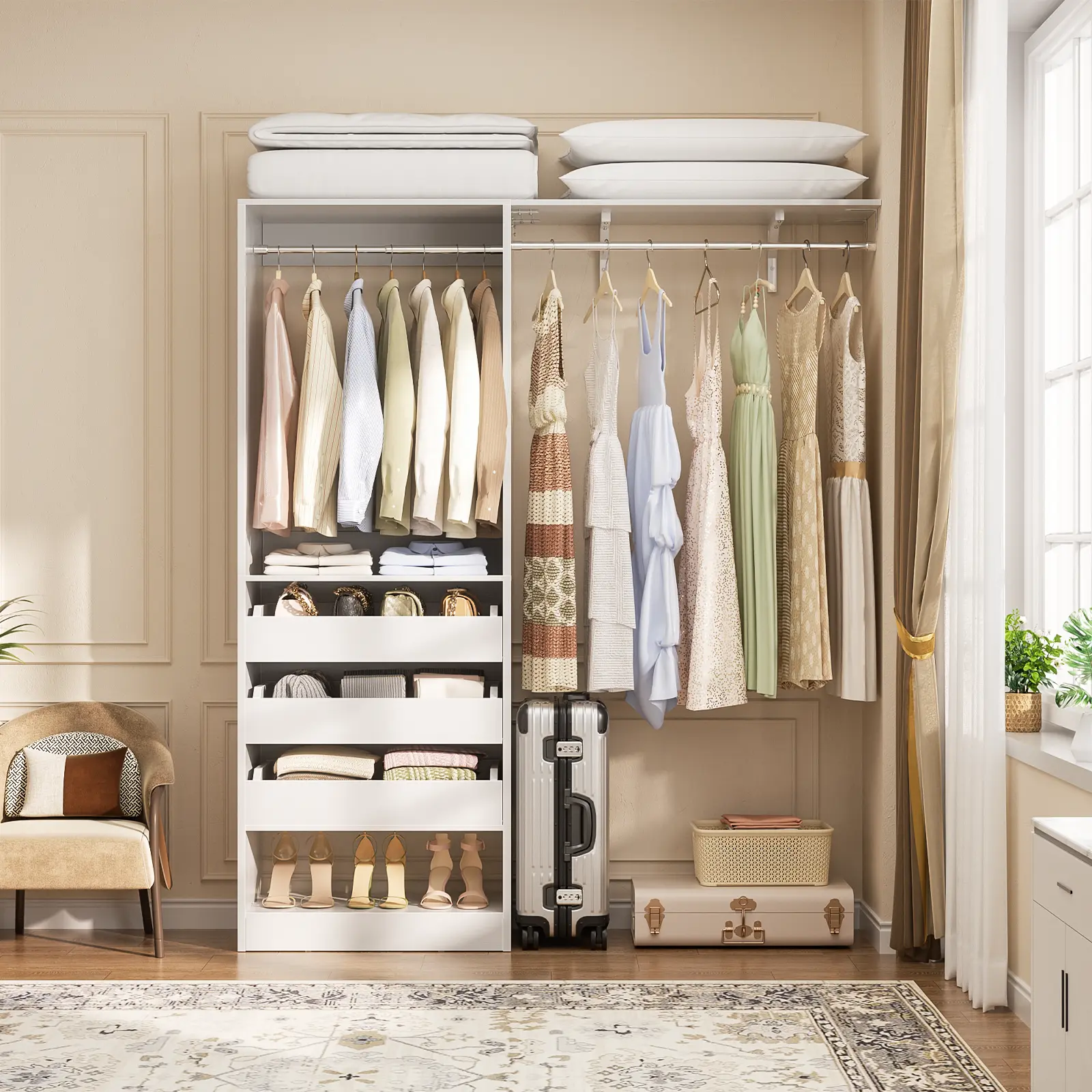 iSunirm 60" (Length) * 15" (Width) * 80" (Height)) Adjustable Freestanding Above-Ground Bedroom Wardrobe Organizer - Heavy-Duty Compartmentalized Storage, Expanding Extendable Frame, 3 Half-Open Engineered Wood Drawers, 2 Hanging Rods, Removable Tower, Sm