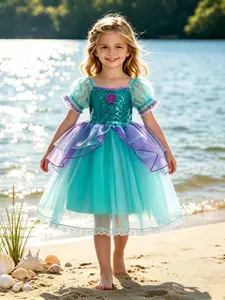 Girls' Birthday Party Holiday Mermaid Princess Cake Dress Purple and Green Seashell Beaded Mermaid Style Princess Gown