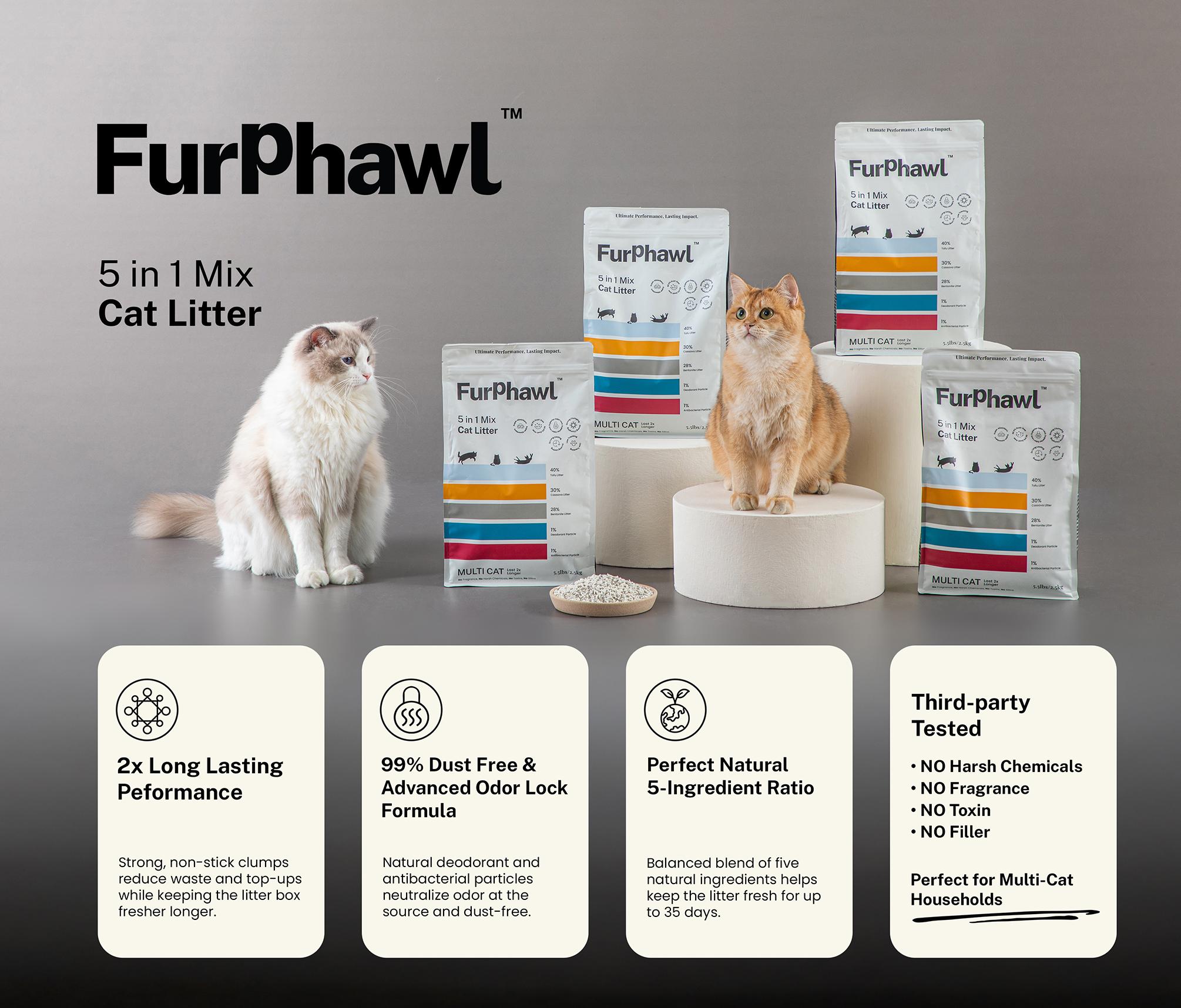 5-in-1 Mix Cat Litter – Multi-Cat Home, 2x Long Lasting, Quick Clumping, Low Dust, Low Tracking, Odor Control, Tapioca Tofu Cat Litter