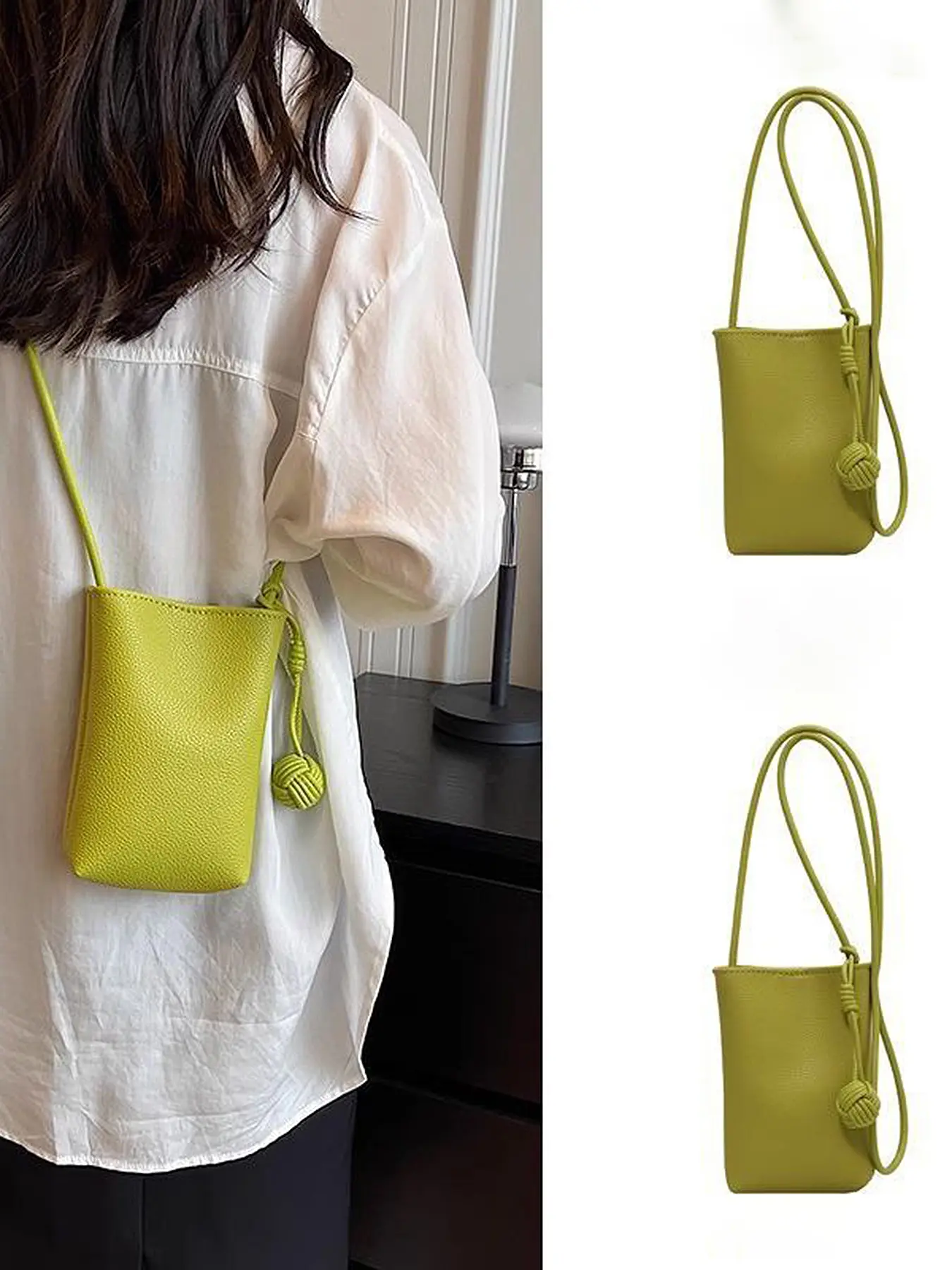 Dopamine Color Small Mobile Phone Bag with Small Woven Knot Pendant, Portable Bucket Shape Bag, Solid Color Crossbody Bag, Trendy Minimalist Purse, Shoulder Purse, Casual Handbag, Everyday Shoulder Bag, Fashionable Bag, Casual Bags