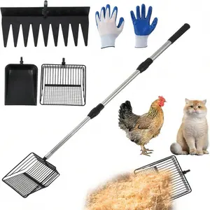 Heavy-Duty Chicken Co Op Rake & Scoop Adjustable 24" To 68.9" Handle, 9.8" Wide Galvanized Metal Scoop Head, Ergonomic Design For Cleaning Chicken Manure, Horse Stalls, Sand Sifting, Cat Litter & Pet Chicken Poop Scooper 3-In-1 Metal Pooper Scooper