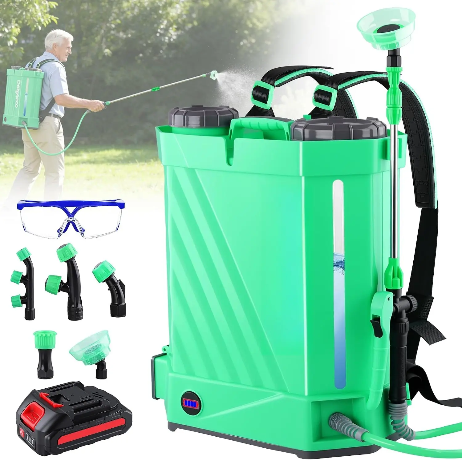 Battery Powered Backpack Sprayer with Mixer 4.2 Gallon, 5 Nozzles & Goggles | Upgraded Backrest & Strap, Adjustable PSI 0-100, Compatible with Makita 21V/2.6Ah Battery & Charger