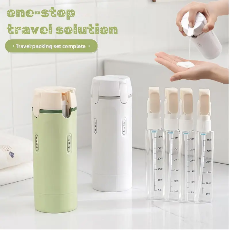 4-in-1 Travel Dispenser Bottle for Toiletries Portable Cosmetic Shampoo Storage Lotion Compact Plastic Container Wholesale Easy Press Smooth Flow  bottle Silicone Leakproof Travel Bottles Set travel ideal