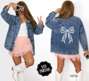 Lace Bow Women's Denim Jacket - Fitted Long Sleeve Casual All Seasons Medium Length Oversized Fit Button Front Closure with Pockets