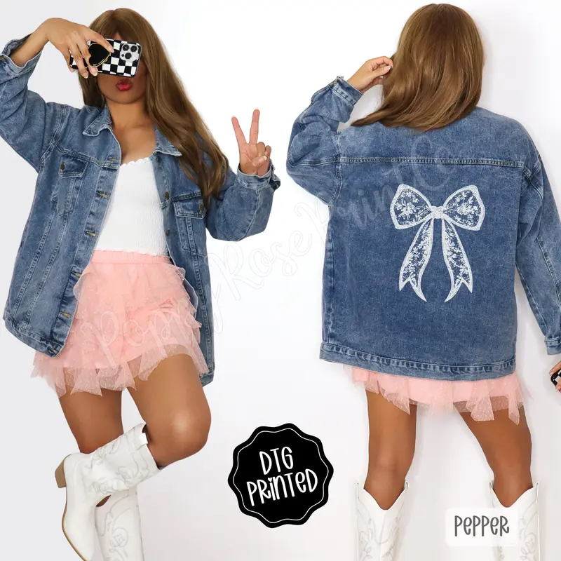 Lace Bow Women's Denim Jacket - Fitted Long Sleeve Casual All Seasons Medium Length Oversized Fit Button Front Closure with Pockets