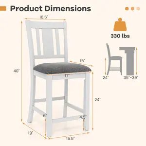 COSTWAY - Rubber Wooden Bar Stools Set of 2 with Ergonomic Back and Comfortable Linen Cushion-White