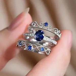 Noble Blue CZ 3Pcs Set Rings for Women Wedding Party New Modern Fashion Female Accessories Silver Color Luxury CZ Jewelry