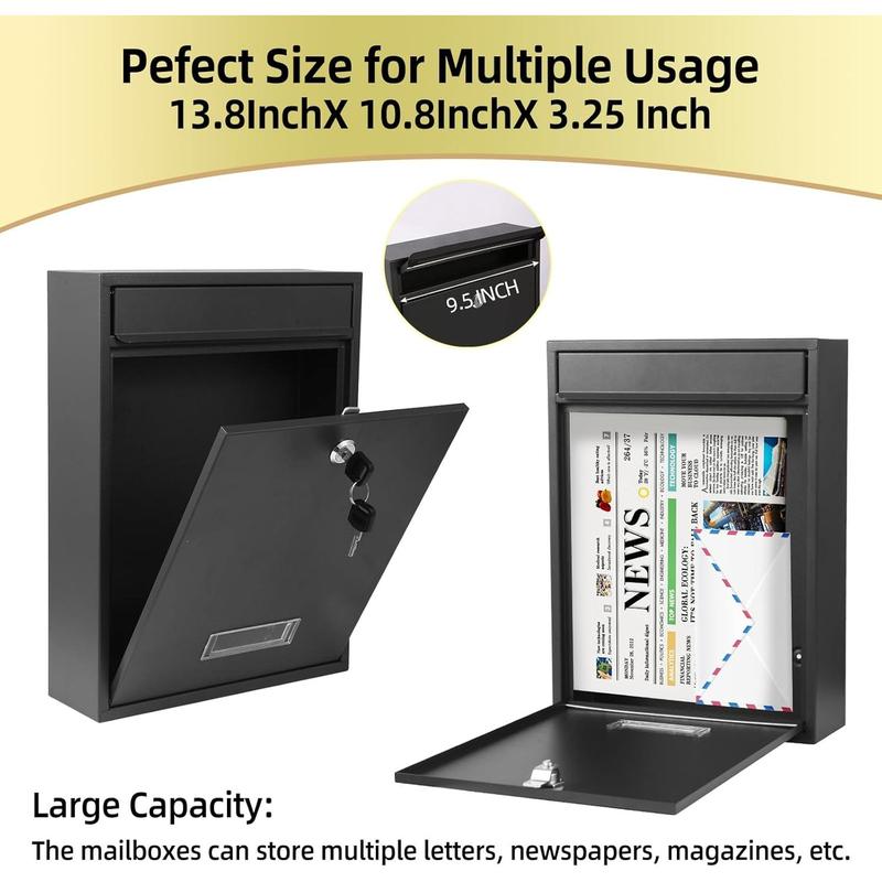 Mailboxes for Outside, Wall Mount Locking Mailbox, Security Mailbox with Lock Key and Three Sets 0-9 Mail Box Numbers, Large Capacity Steel Cover Metal Postbox for Outdoor, 13.8X 10.8X 3.25 Inch Black terrarium garden heavy duty premium zipper door groud