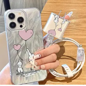 Cute Elephant & Balloon Pattern Phone Case with Charger Saver & Cable Protector & Storage Rope, Anti-drop Cellphone Protective Case for iPhone, Casing