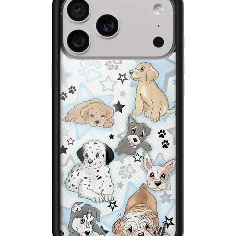 Wildflower Limited Edition Furry Custom iPhone 15 Rubber Smartphone Case - Raised Black Shockproof Bumper, White Background with Blue-Black Stars Dalmation-Lab Dog Paw Prints, Women's Owned Small Business Accessory for Women, Gift for Her