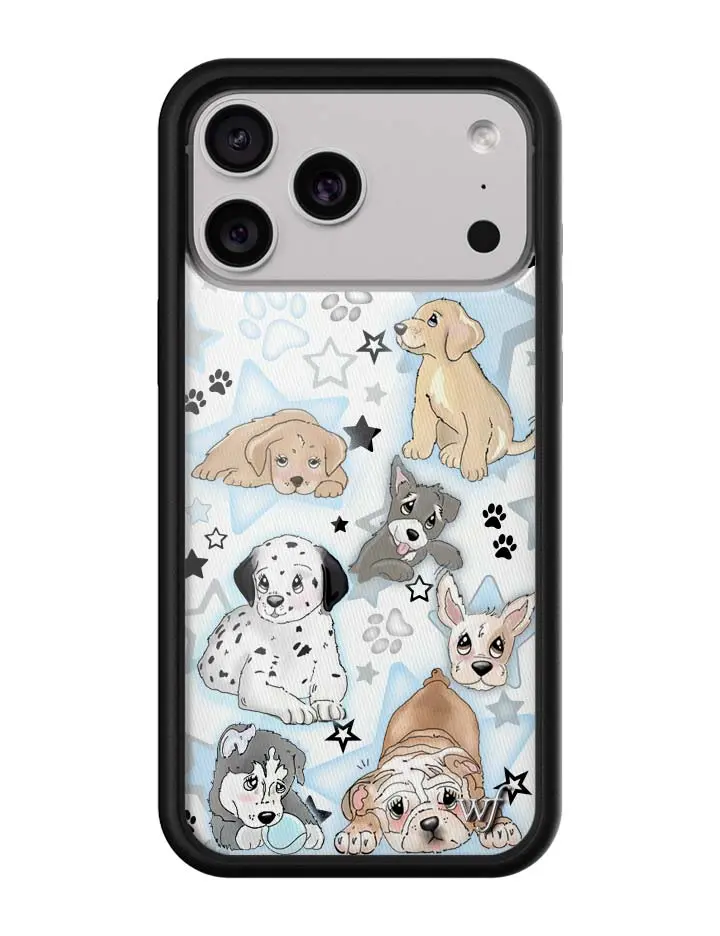Wildflower Cases Limited Edition Durable Furry Custom iPhone Cellphone Cover - Raised Black Protective Bumper, White Background with Blue-Black Stars Dalmation-Lab Dog Paw Prints, Women's Owned Small Business Casing Accessory, Gift for Her