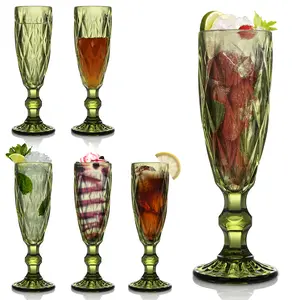 Elegant Vintage Embossed Diamond Decor Glass Champagne Flutes - 6 Pcs, 5 oz/150 ml, 19.5x5.8cm Green Goblets for Wedding, Home Kitchenware Drinkware