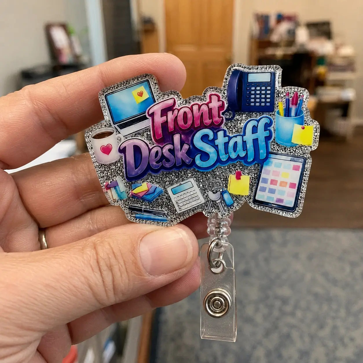 Glittered Badge Reel for Front Desk Staff - 3D Letters Glitter Acrylic ID Badge Holder, Retractable Clip, Hotel Guest Services Office Identification Accessory, Team Gifts