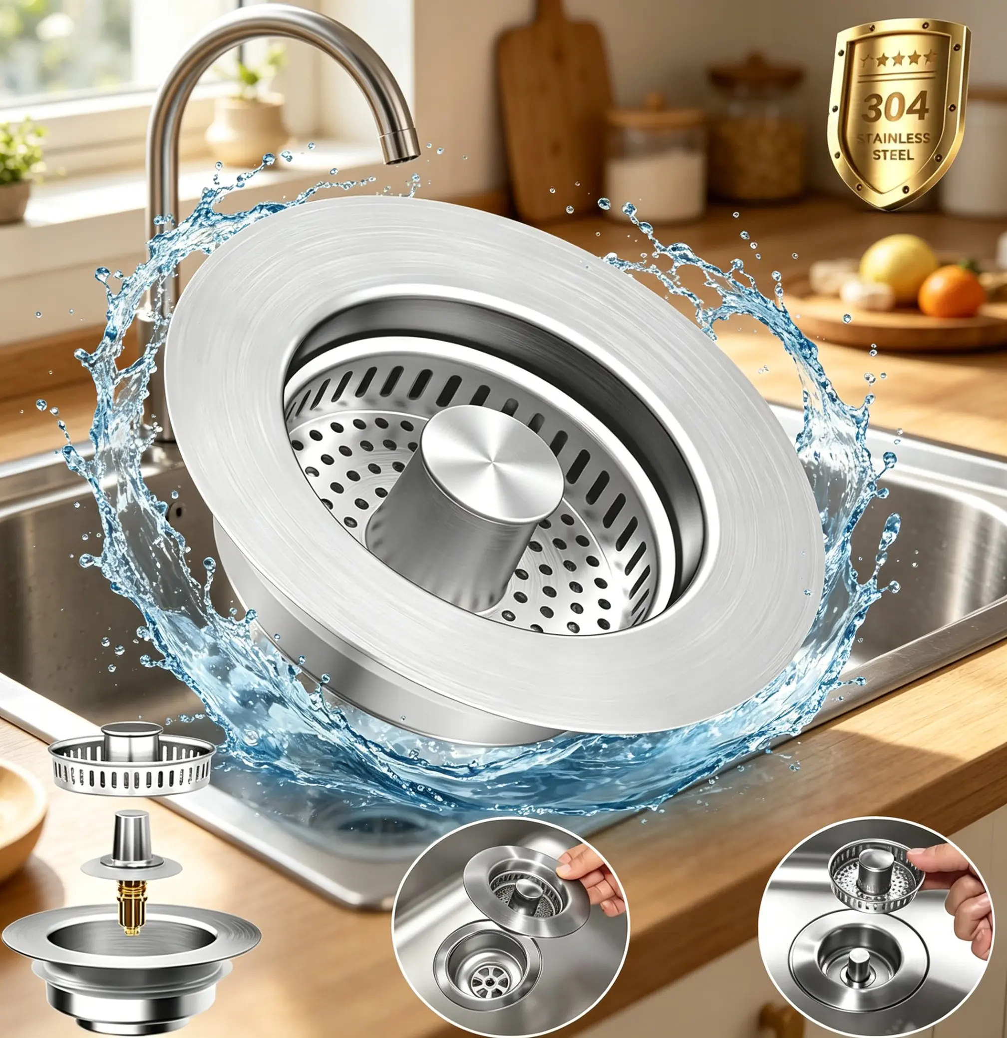 3-in-1 Stainless Steel Sink Screen & Stopper, Universal Lift Core Kitchen Sink Drainer with Detachable Filter Basket
