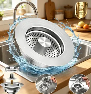 3-in-1 Stainless Steel Sink Screen & Stopper, Universal Lift Core Kitchen Sink Drainer with Detachable Filter Basket
