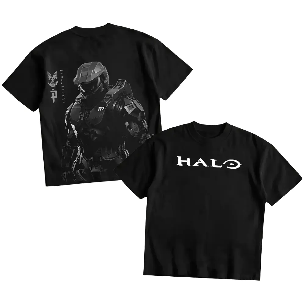 Halo Double Printed Oversize Tee | Master Chief Vintage Gaming Graphic T-Shirt for Men | Casual Retro Streetwear Cotton Top Heavyweight Gamer Apparel Gift v1 Grunge Graphic Album T-Shirt
