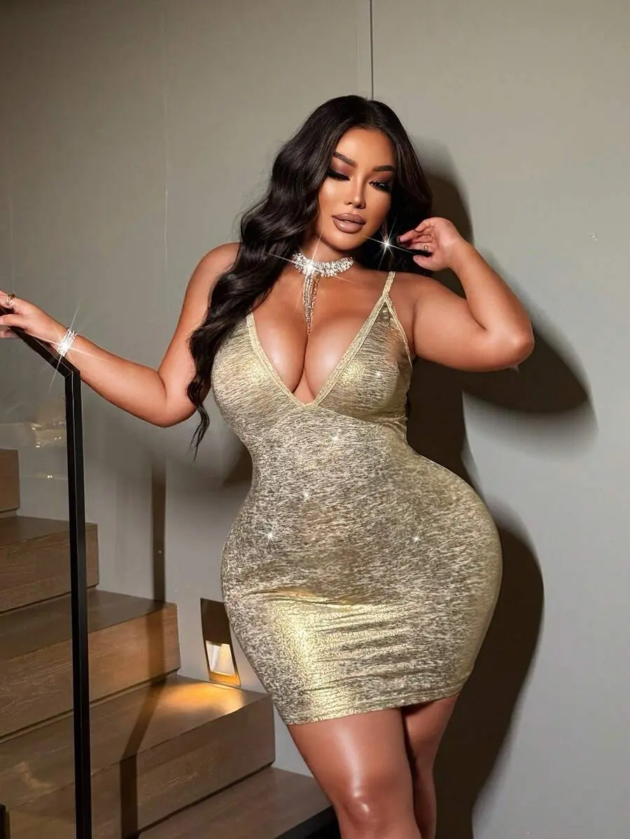 Women's Summer Tight-Fitting Metallic Glossy Deep V-Neck Backless Bodycon Plus Size Dress, Sexy Bombshell Outfit For Party