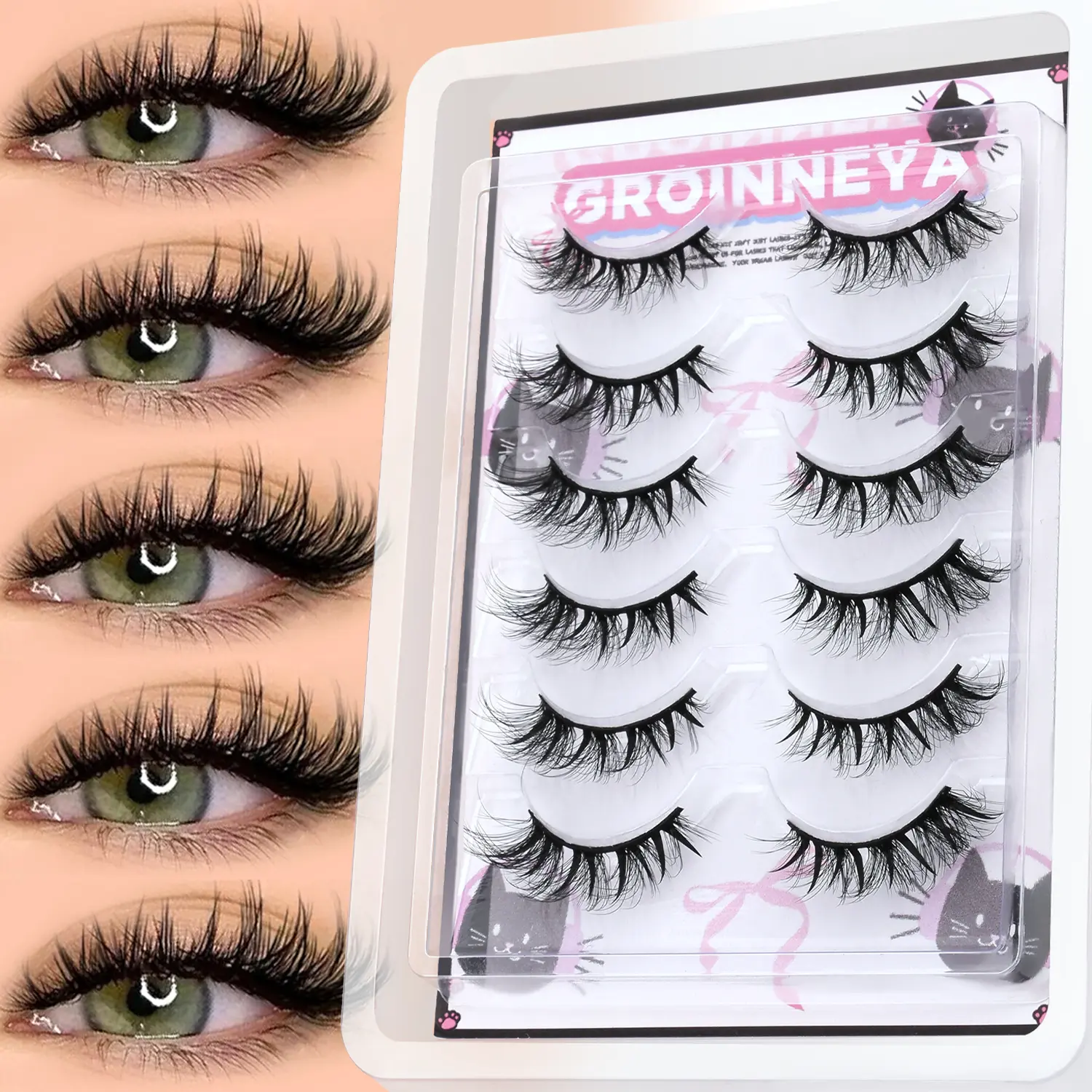 GROINNEYA Cat Eyelashes False Eyelashes Fluffy Faux Mink Lashes Wispy Lashes Natural Look Wispy Winged End Eye Elongated Lashes, Eyelash Extensions, High Quality Eyelashes, Cosmetic False Lashes