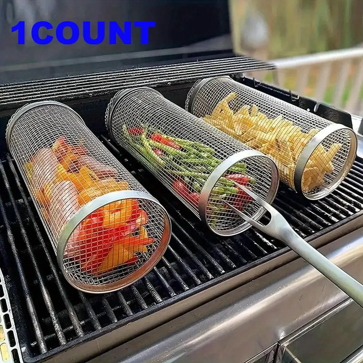 Stainless Steel BBQ Cage, 1 Count BBQ Grill Cage with Hook, BBQ Travel Accessories Tool Gifts for Camping BBQ, Barbecue Utensils