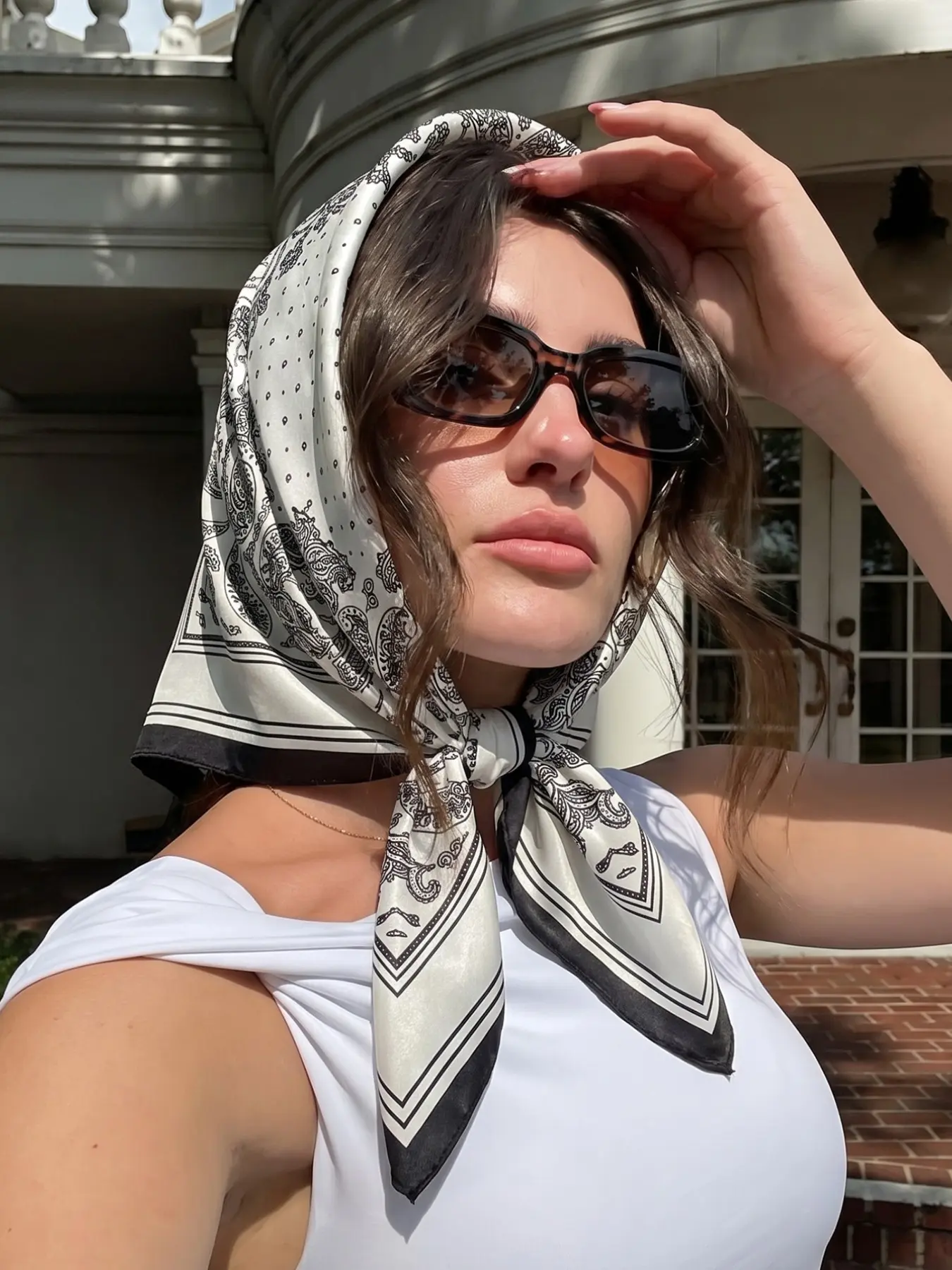 1pc Almond Pattern Print Headscarf, Vintage Print Headscarves, Lazy Style Multi-Use Bandana, Trendy Versatile Scarf, Retro Color Block Hijab, Commute Fashion Accessory, Boho Style Scarf, Scarf Head Wrap
