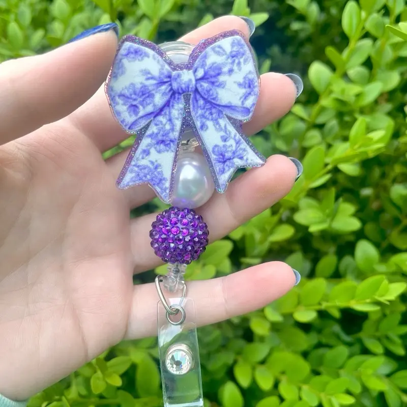 Purple Coquette Bow Badge Reel Medical - 2.0" Acrylic Blank Hand Glittered Epoxy Retractable with Clip for Nurses Teachers Office Staff