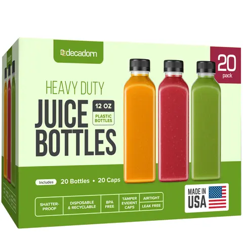 DECADORN 12oz 20pcs Juice Bottles With Caps - MADE IN USA Juice Containers With Lids For Fridge - Juicer Bottles With Tamper Evident Caps, Shatterproof, BPA-Free, Leak proof, Disposable & Recyclable