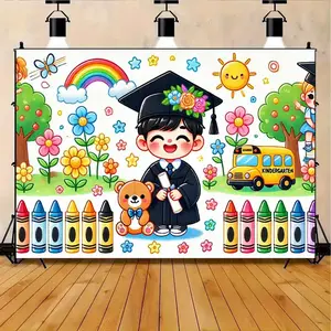 2D Backdrop Banner 1pc, Kindergarten Graduation Celebration Showcases Colorful Artistic Design Polyester Photography Backdrop - Durable, Washable, and Easy-to-Hang Background Cloth for Parties, Home