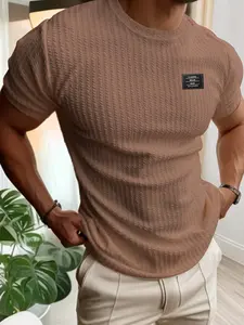 Men's Regular Fit Letter Print Cable Knit Tee, Casual Short Sleeve Round Neck T-shirt for Summer, Fashion Men's Top for Daily Wear, Menswear
