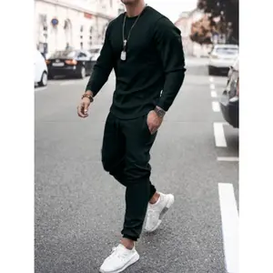 Men's Full Size Round Neck Long Sleeve Top and Pants Set Plus Size