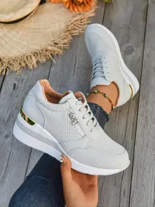 Women's Wedge Sneakers, Plus Size Breathable Thick-Sole Walking Shoes with Lace-Up & Zip