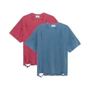 Washed Distressed T-Shirt Menswear in Vibrant Red and Blue Colors with Unique Distressed Details Tshirt Streetwear Shortsleeve Casual Crewneck