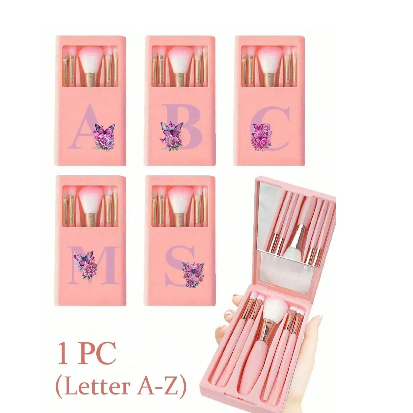 Portable Makeup Brush Set with Mirror, Flower A-Z Print, Box, Multi-Functional Brushes, Foundation Brush, Eyeshadow Brushes, Blending Brush, Travel Essential, Ideal Gift