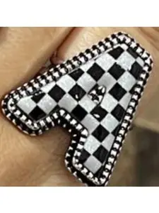 Checked Initial Cuff Ring - Black and White Checkerboard Design Letter K Fashion Accessory