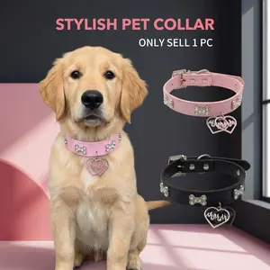 Hand-set Rhinestone Bone Heart Pendant PU Leather Pet Collar – Adjustable Light Luxury Cat Dog Necklace for Small Medium Puppy Kitten – Sparkling Crystal Hollow Charm with Soft Microfiber Leather & Anti-oxidation Alloy – Wedding Party Daily Photo Prop – P