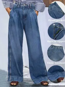 Elegant Women's Ruched Wide Leg Jeans Pants, Stylish High Waist Denim Trousers, Comfortable Casual Wear for All Seasons