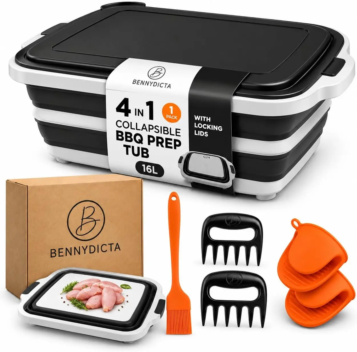 16L Heavy Duty Portable Lightweight BBQ Prep Tub with Locking Lid, Cutting Board, Oil Applicator, 2 Meat Claws, 2 BBQ Mitts - Collapsible Barbecue Tool Set for Marinating, Camping Grilling Gift Idea