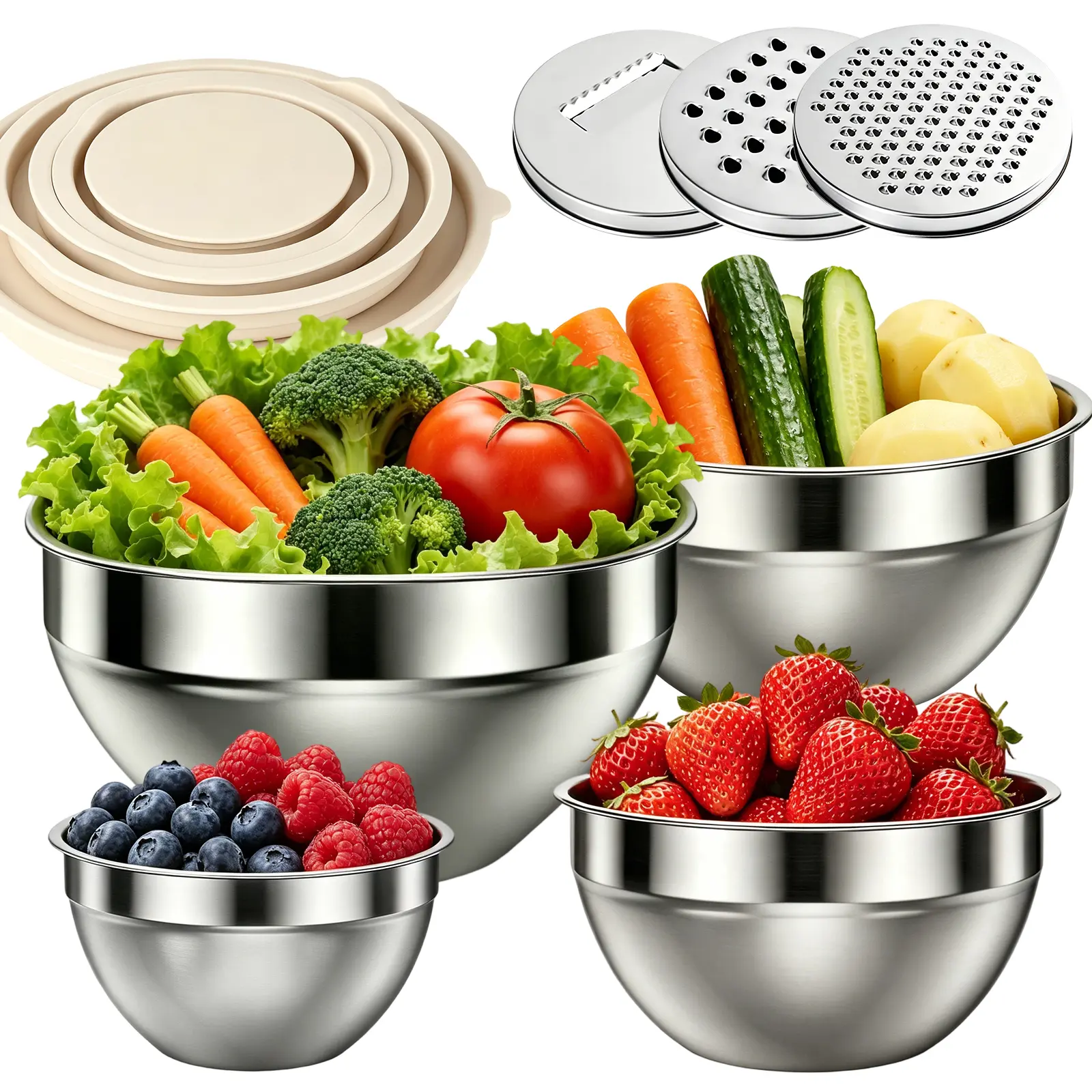 4 PCS Wide Serving Bowl Stainless Steel Mixing Bowls Set with Airtight Lids & 3 Grater Attachments – Non-toxic, Rust-proof, Dishwasher Safe Nesting Bowls for Mixing, Serving, Meal Prep, and Fridge Storage – Sizes 4.5QT, 2.7QT, 1.7QT, 0.8QT Tableware