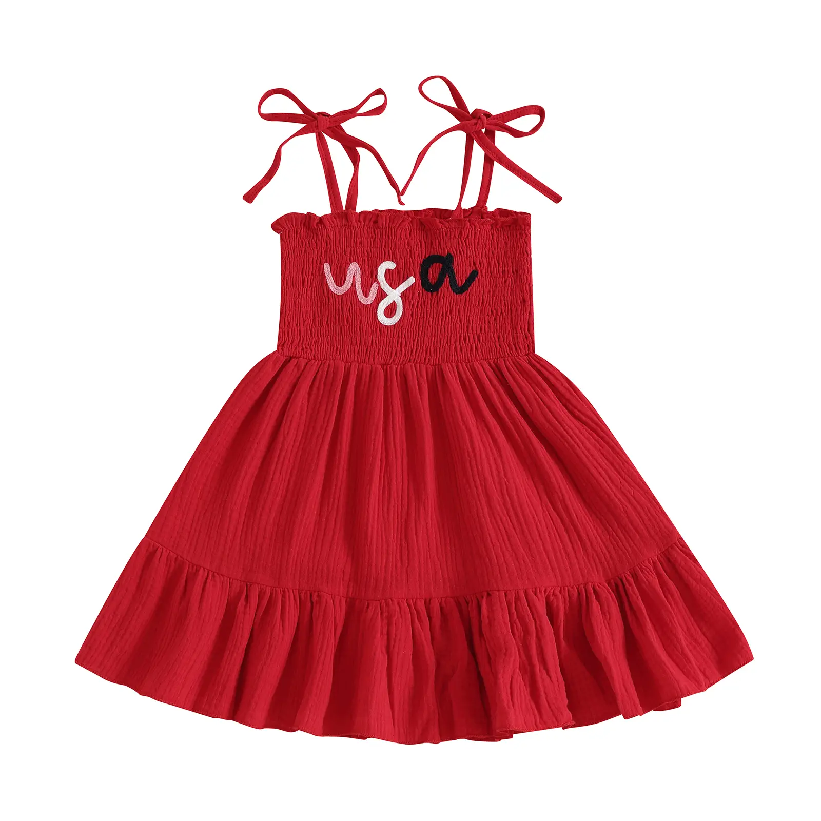 Girls 4th of July Dress Sleeveless Tie Shoulder Letter Embroidery Smocked Dress Toddler A-Line Dress