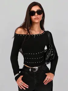 Women Black One Shoulder Long Sleeve Crop Top With Metal Rivet Detail Casual Daily Wear Street Style