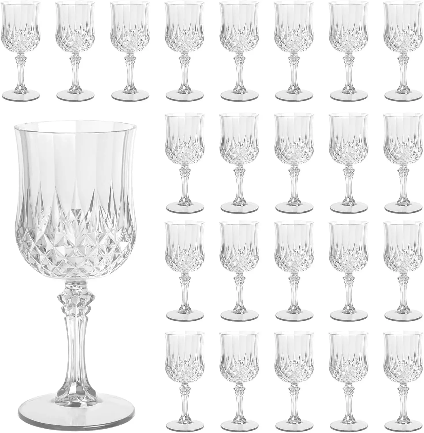 Plastic Wine Glasses Set of 24, 7.7 oz Reusable Plastic Goblets, Clear | Elegant Shatterproof Drinking Glasses, Hard Plastic Stemware for Wedding, Party, Events Gift