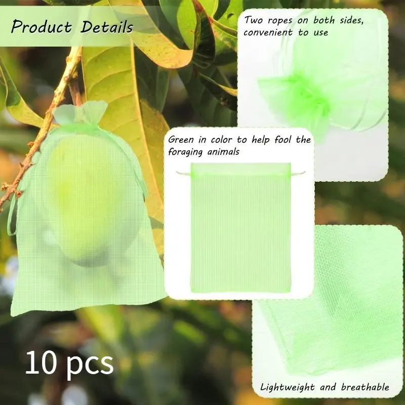 10pcs Fruit Protection Netting Bags For Fruit Trees, Garden Mesh Barrier Bags Plant Protectors From Animals To Protect Plants From Pest Birds Squirrels, Fruit Cover Mesh Bag With Drawstring, Garden Supplies