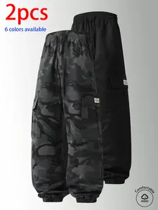 2-pack men’s long pants: camouflage cargo jogger pants with an elastic drawstring waistband and large side pockets; loose fit that doesn’t constrict the legs. Available in multiple colors; suitable for outdoor hiking and camping, everyday streetwear, shor