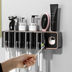 No-Drill Toothbrush Holder Wall Mount with Auto Toothpaste Dispenser & Toothbrush Organizer - Complete Bathroom Storage Set toothbrush  holder Water Proof Black Gold 2 Organizing Home Goods