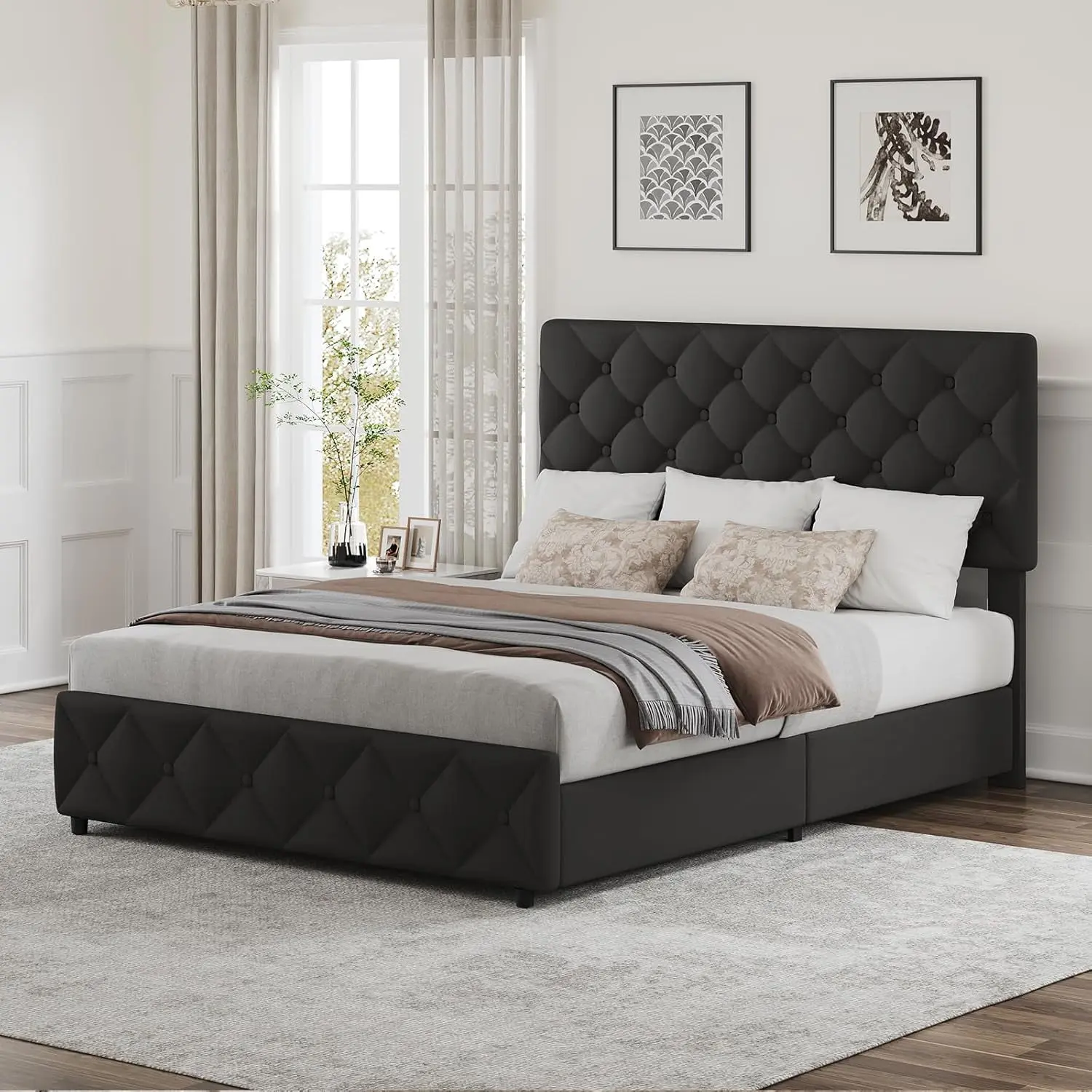 【Christmas Gift】Queen Size Wood Linen Upholstered Storage Bed Frame with 4 Large Roller Drawers (with Compartments), 42"-46"H Adjustable Headboard, Diamond Stitched Button Tufted, Quiet EVA Cushion Strips, Durable, No Box Spring Needed, Black